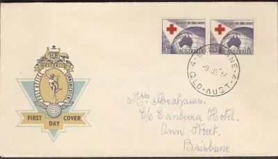1954 Red Cross Society Pair Australia Hermes FDC to Canberra Hotel Brisbane QLD - Image 1 of 2