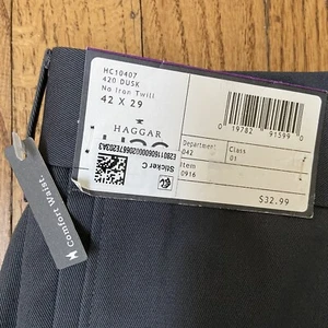 Haggar Twill Dress Pants Mens 42x29 Gray Flat Front No Iron Comfort Waist Classy - Picture 1 of 10