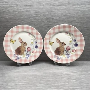 Grace Teaware BUNNY RABBIT IN THE FLOWER GARDEN Salad Plate Set Of 2 Pink - Picture 1 of 4
