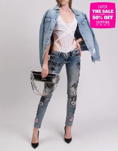 RRP €1350 PHILIPP PLEIN Skinny Jeans W25 Blue Low Waist Rhinestones Patched - Picture 1 of 10