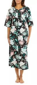 Miss Elaine Rob Women's 3/4 Sleeve Zip - Front Black Green Floral Small - Picture 1 of 4