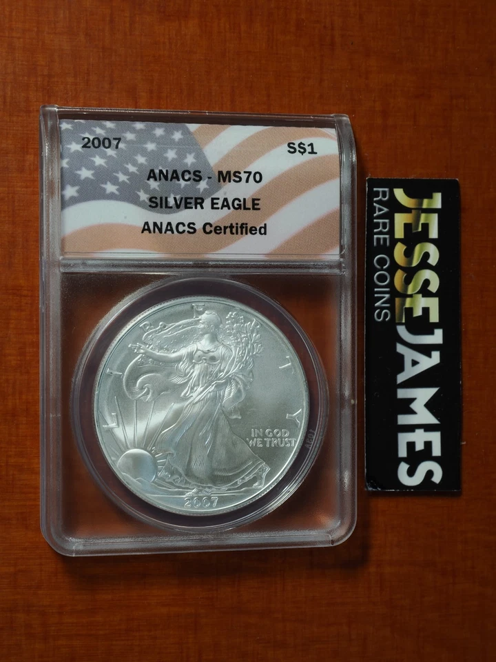 2007 $1 AMERICAN SILVER EAGLE ANACS MS70 FLAG LABEL - Image 1 of 2