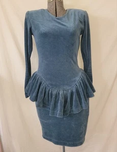 Vintage 70s 80s Betsy Johnson Green Blue Velvet Midi Dress Ruffle Waist S - Picture 1 of 16