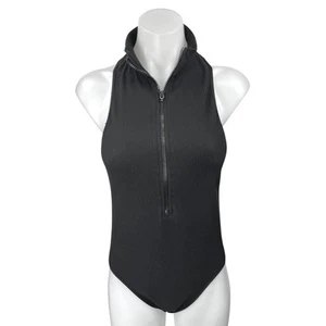 Topshop Black Rib Knit Sleeveless Zip Racerback Bodysuit Polo Sweater Tank Top 8 - Picture 1 of 3