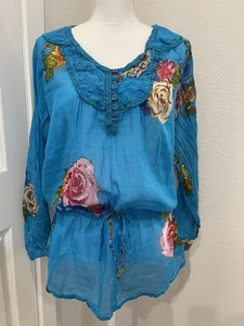 Magazine XL Blue Floral Boho Peasant Blouse Tunic Top Lace Henley Lightweight - Picture 1 of 24
