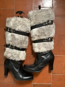 Damenstiefel schwarz Leder und Fell 3,5 Zoll Absatz Größe 5,5/6 - Bild 1 von 6