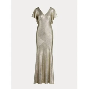 Lauren Ralph Lauren Formal Evening Dress Womens 14 Gold Flutter Sleeve Glam NWT - Picture 1 of 19