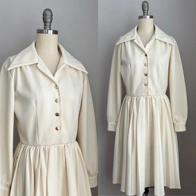 Elegante Vestido Vintage Años 70 Invierno Blanco Marfil Poliéster Tejido Cuello Daga M Foto 1 de 4