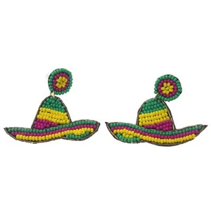 Viola Seed Beads Sombrero Hat Earrings Mexican Handcrafted Bling Boho Dangle - Picture 1 of 3