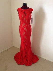 NWT JOVANI $590 Lace Open Back Prom Formal Dress*Red/Nude*Size 4 - Picture 1 of 12