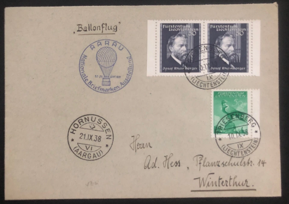 1938 Triesenberg Lichtenstein 气球 航空邮件封面到瑞士 Via Aarau 151 — 第 1/1 张图片