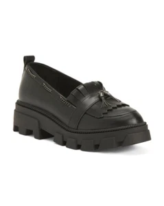 KELSI DAGGER BROOKLYN Burke Glossy Leather Chunky Lug Sole Loafers Black Shoe - Picture 1 of 10