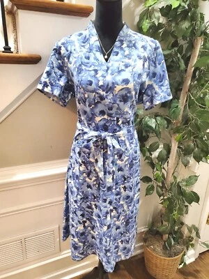Vestido para mujer Orvis azul floral de lino con cuello en V manga corta hasta la rodilla talla 14 Foto 1 de 4