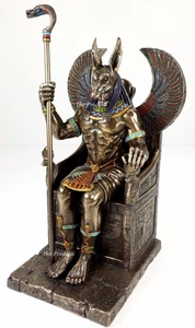 Egyptian Anubis Jackal W/ Cobra Scepter on Throne Statue Antique Bronze Finish - Picture 1 of 6
