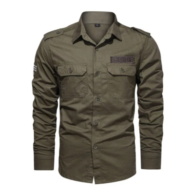 New Men's Military Shirts Slim Long Sleeve Pockets Army Cotton Casual Shirts Top - Image 1 of 4