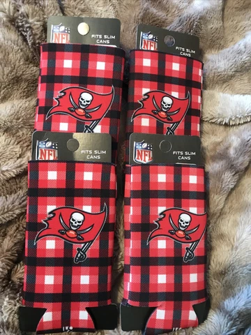 4 Pack ~ New Tampa Bay Buccaneers Plaid Slim Can Cooler, NFL Koozie Coolie Cover