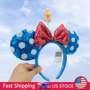 Headband Disney. Parks White polka dot blue Minnie Ears Bow Sequin Little Flower - Picture 1 of 8