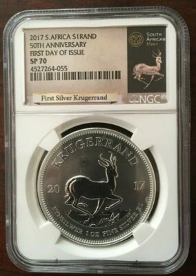 2017 1 OZ SOUTH AFRICA SILVER KRUGERRAND SP70 50TH ANNIVERSARY FDOI WC - Image 1 of 2