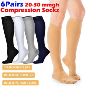 6 Pairs Compression Socks Men Women Graduated 20-30mmHg Ankle High Support Socks - Picture 1 of 20