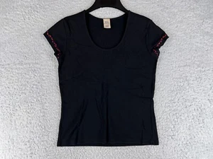 High Sierra Shirt Womens Small Black Short Sleeve Scoop Neck Floral Trim Cotton - Picture 1 of 12