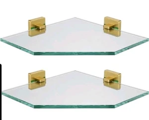 JQK Corner Glass Shelf, Brushed Gold Bathroom 304 Stainless Steel 10x10 2pack - Picture 1 of 6
