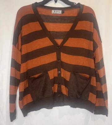Pol Women’s Brown Orange Striped Button Front Sweater Cardigan Pockets Sz M - Image 1 of 4
