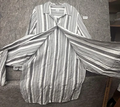 Camisa Vestidos Chico's Negro Gris Abotonada Aberturas Laterales Mezcla de Lino Rayas Talla 3 Foto 1 de 4