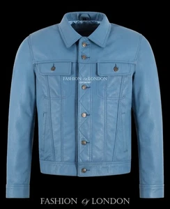 Mens Sky Blue Pebble Grain Leather Trucker Jacket Western Style Button-Up Jacket - Picture 1 of 4