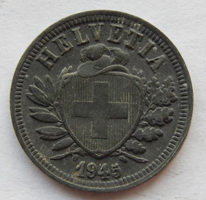 1945 Suiza 2 Rappen "Zinc" Segunda Guerra Mundial KM#4.2b "Moneda de Alto Grado" SB5240 - Imagen 1 de 2