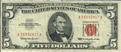 1963 5$ United States Note - Red Seal Right, KOG/CDD A56592917A - #13564 - Image 1 of 2