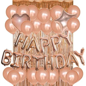 Rose Gold Birthday Party Decoration Set 34 Pcs Balloons 2 pcs Fringe Curtain - Picture 1 of 9