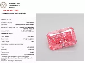 1,02 diamante radiante coltivato in laboratorio per anello di fidanzamento IGI fantasia rosa vivo VS1 - Foto 1 di 11