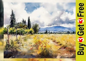 Poppy Meadow Scene 5"x7" Print on Matte Paper | Gentle Watercolor Landscape Art - Picture 1 of 17