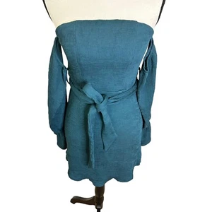 Selfie Leslie Off-Shoulder Dress Small Teal Bell Sleeve Mini Dress Party Elegant - Picture 1 of 10