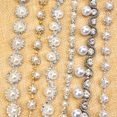 1 Yard Faux Pearl Rhinestone Chain Trim Sew on DIY Wedding Custome Decor Glitter - Image 1 of 4