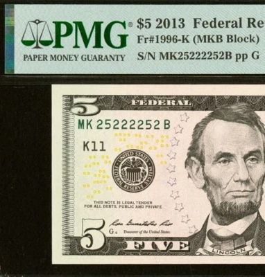 2013 $5 FRN Dallas PMG 65EPQ - 2-Digit Fancy Radar Serial Number 25222252 - Image 1 of 3