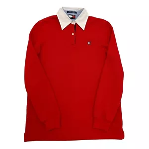 Tommy Hilfiger Rugby Polo Shirt Red Womens S Fleece Lined Long Sleeve - Picture 1 of 11