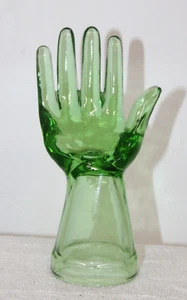 GREEN GLASS HAND JEWELRY RING DISPLAY NEW DEPRESSION GLASS ANTIQUE STYLE 8'' - Picture 1 of 6