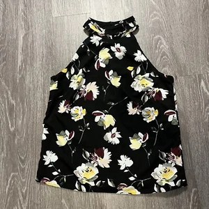 White House Black Market Womens Black Halter Sleeveless Floral Blouse Sz 6 Goth - Picture 1 of 12