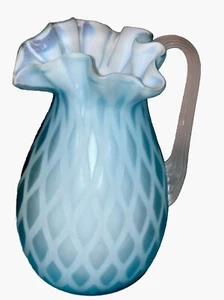 Vintage blau satinierter Glaskrug Rautenmuster Murano mundgeblasen Glas schön - Bild 1 von 5