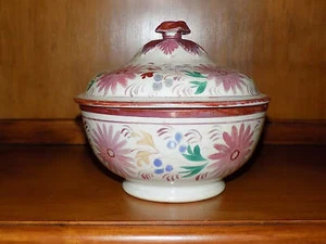 Antike englische rosa Glanzschüssel mit Deckel KOSTENLOSER VERSAND IN DIE USA! - Bild 1 von 10