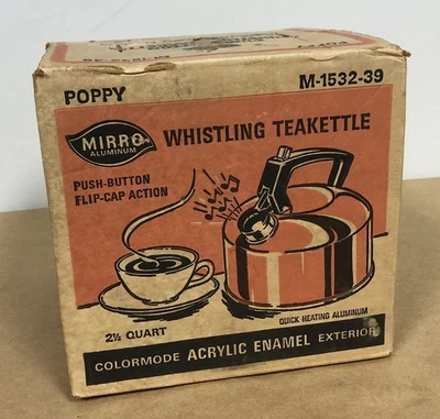 SELLADO Vintage Años 70 Espejo 2 1/2 QT Pulsador Silbato Tetera Olla Amapola Foto 1 de 4