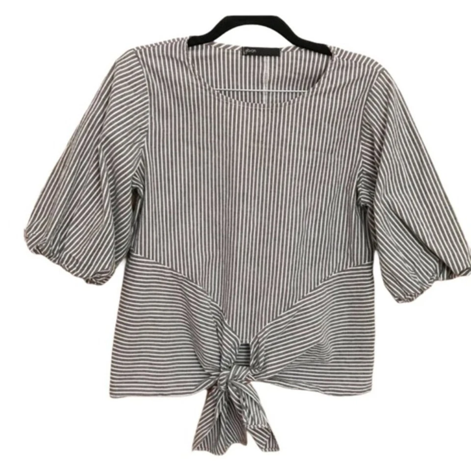 Gibson Gray Striped Tie Front Shirt  Small Blouse Top Retro - Image 1 of 4