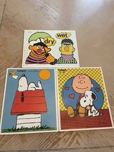 3 Vintage Wooden Playskool 1965- 1973 Puzzles. Peanuts Snoopy Bert Ernie - Picture 1 of 4