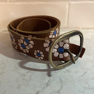 Cinturón Free People La Paz Cuero Marrón Azul/Blanco Floral-S Boho Hippie Festival - Imagen 1 de 7