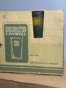 Vintage Hazelware Decorated Crystal Beverage Glasses Set 8 Gold 12oz Box USA - Picture 1 of 10