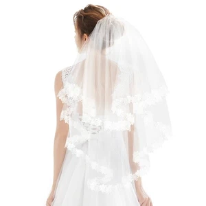 Veil Hair Comb Floral Embroidery Wedding for Bride White Lace Two Tier - Picture 1 of 12