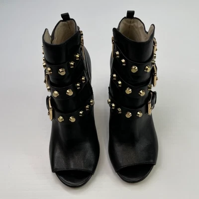 Bota Michael Kors Mujer 8.5 Cuero Hebilla Tachuelas Cremallera Lateral Tobillo Bryn Moto Core Ex Foto 1 de 4