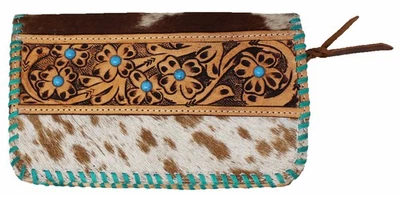 Cartera sin asas para mujer Western de cuero de vaca turquesa con cordones florales Foto 1 de 3