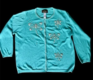 BOB MACKIE WEARABLE ART cardigan, Dragonfly Beaded Embellished Pearls Aqua Green - Picture 1 of 9